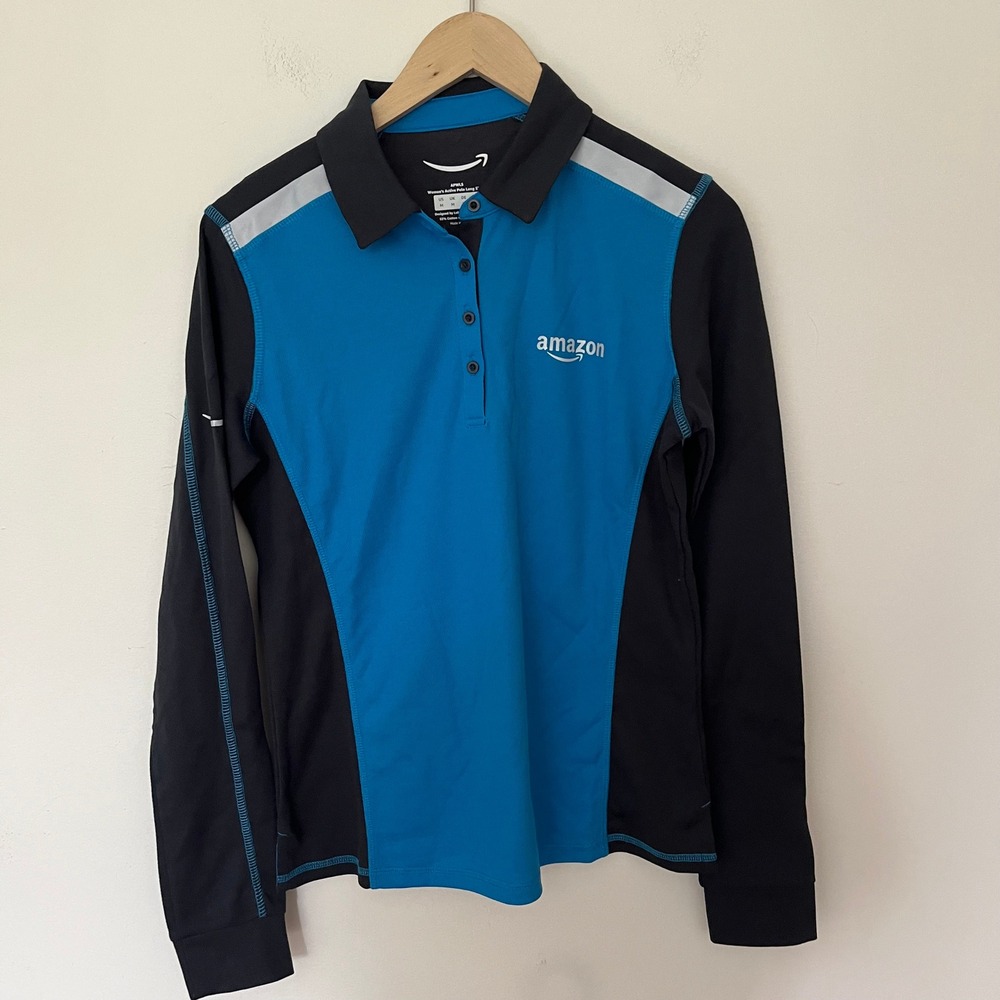 Amazon Womens Active Polo Long Sleeve Shirt Blue Black Luly Yang Size M APWLS